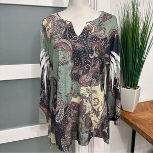 Jess & Jane Tunic Top Paisley Print Large Multicolor Lagenlook Forrest Fairy EUC